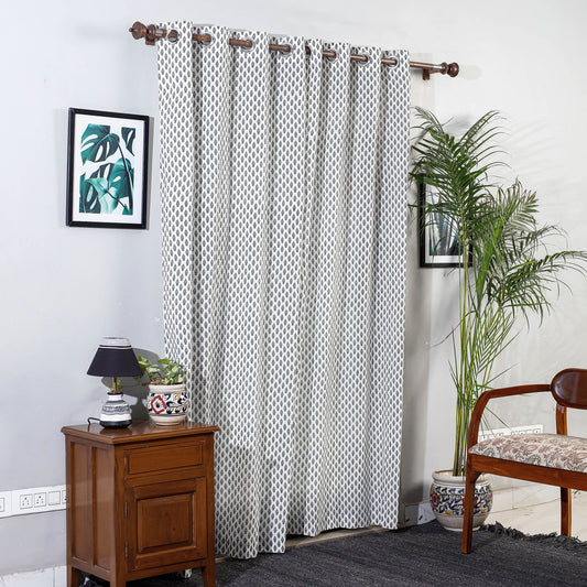 White - Hand Block Printed Cotton Door Curtain (7 x 3.5 Feet) (Single Piece)