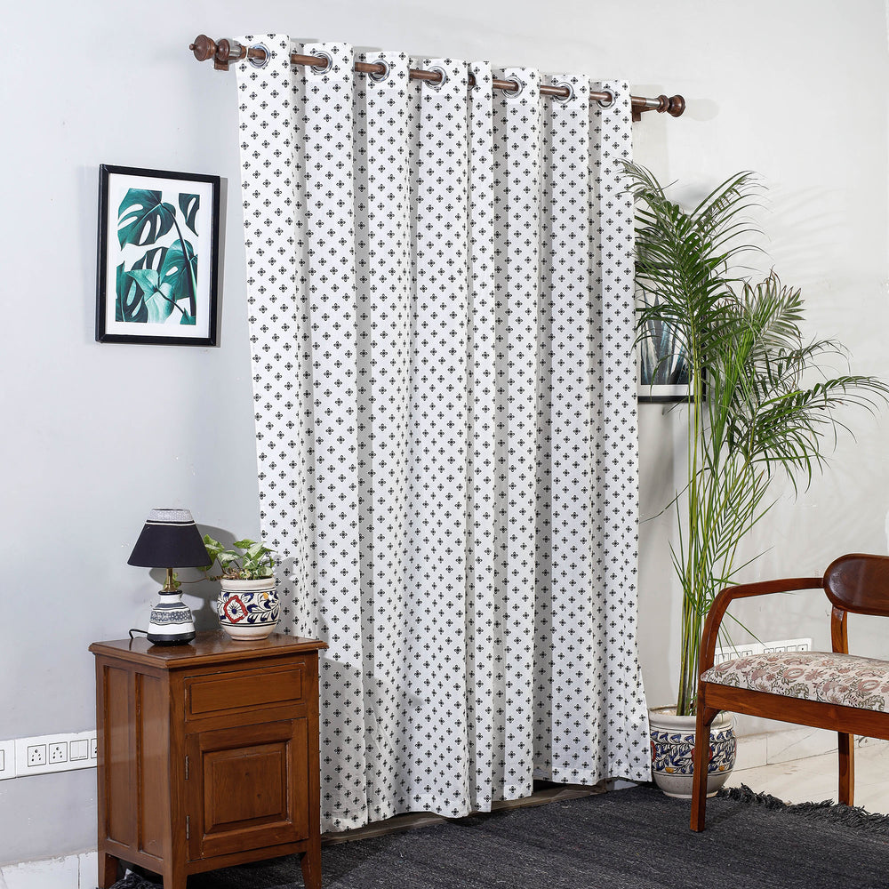 White - Hand Block Printed Cotton Door Curtain (7 x 3.5 Feet) (Single Piece)