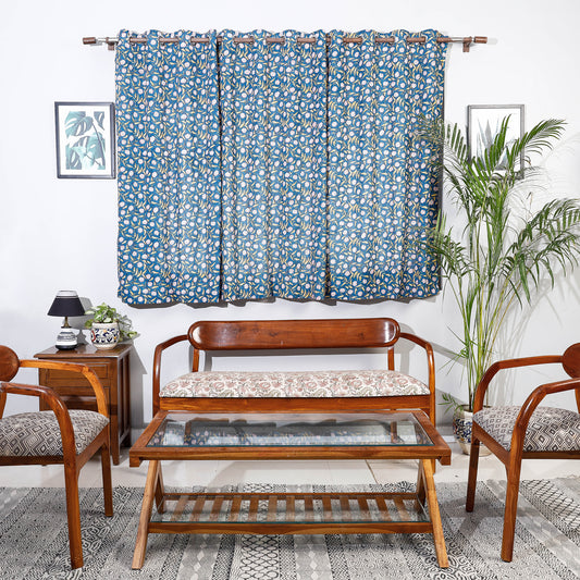 Blue - Sanganeri Block Printed Cotton Window Curtain (5 x 3 Feet) (Single Piece)