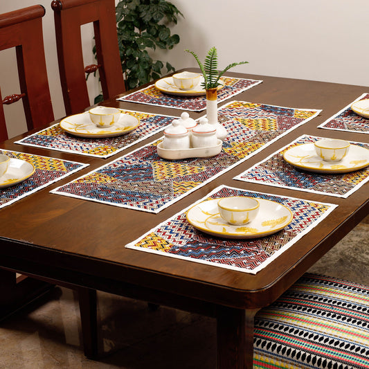 Ajrakh Tagai Embroidered Patchwork Cotton Table Runner with Table Mats (set of 6)