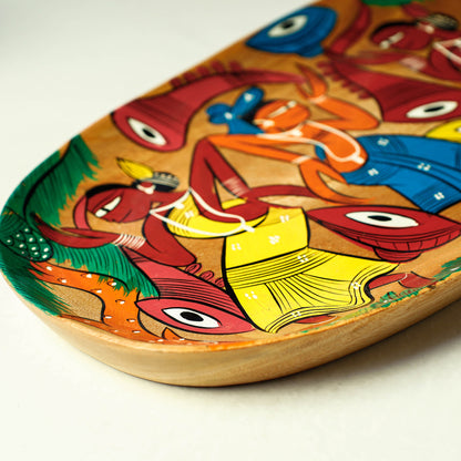 Traditional Pattachitra Painted Akashmoni Wooden Tray (7 x 12 in)