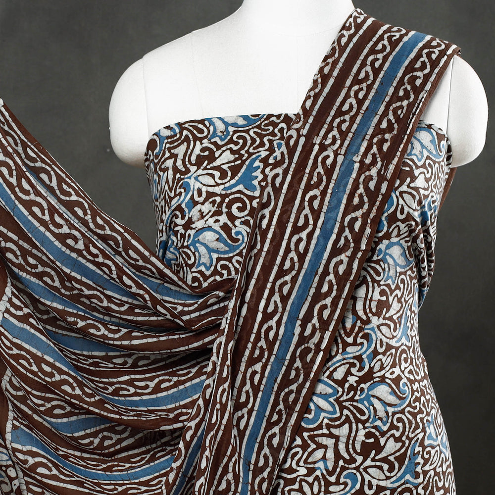 Blue - Brown - 3pc Kutch Batik Print Cotton Dress Material 01