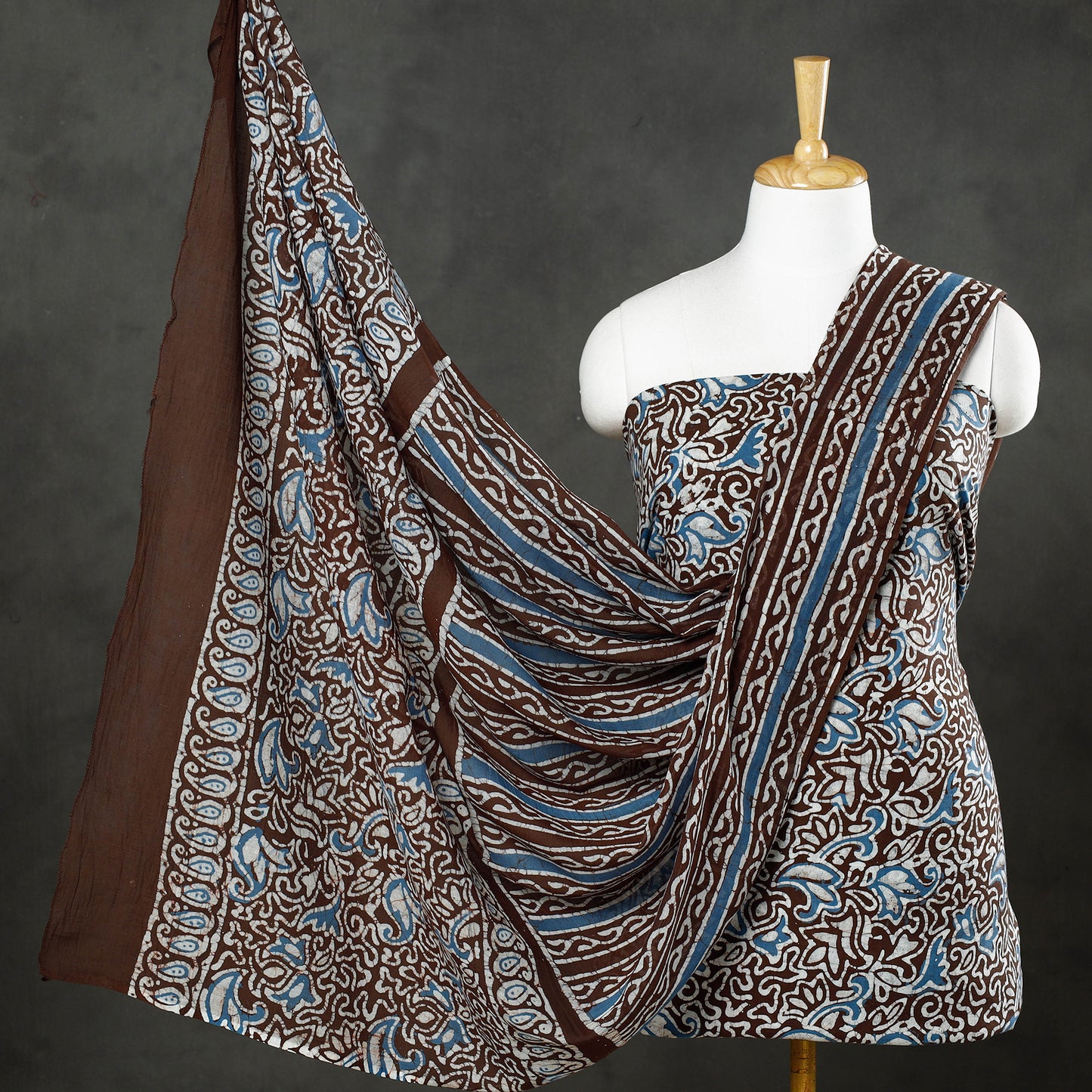 Blue - Brown - 3pc Kutch Batik Print Cotton Dress Material 01