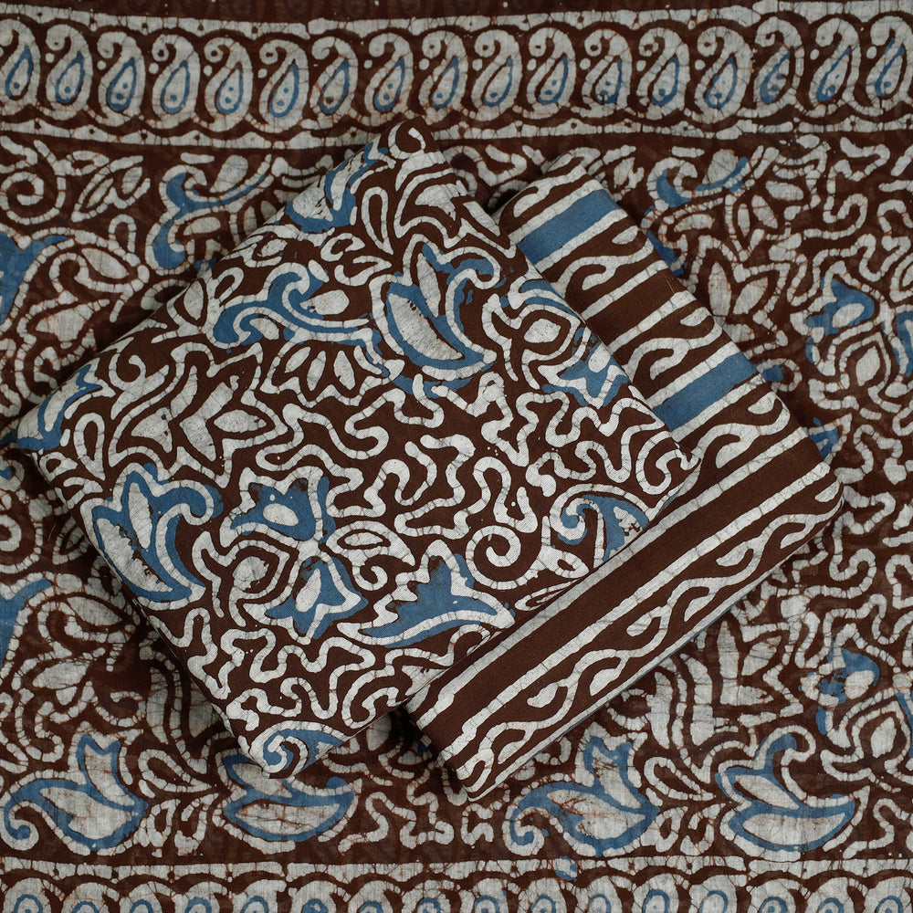 Blue - Brown - 3pc Kutch Batik Print Cotton Dress Material 01