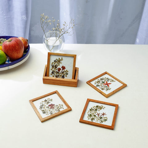 Flower Art Work Wooden Square Coasters (Set of 4)