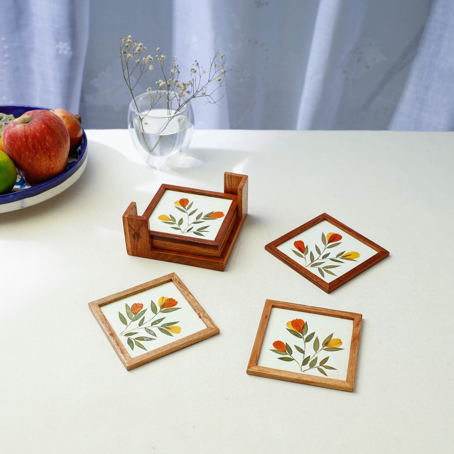 Cosmos Flower Art Work Wooden Square Coasters (Set of 6)