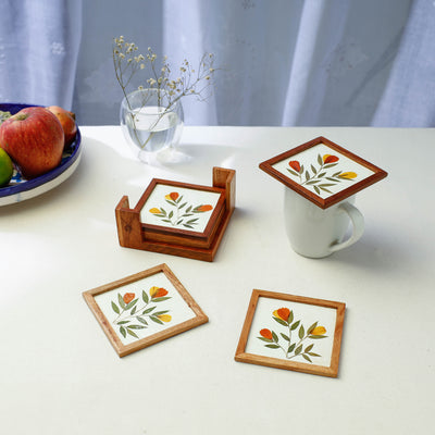 Cosmos Flower Art Work Wooden Square Coasters (Set of 6)