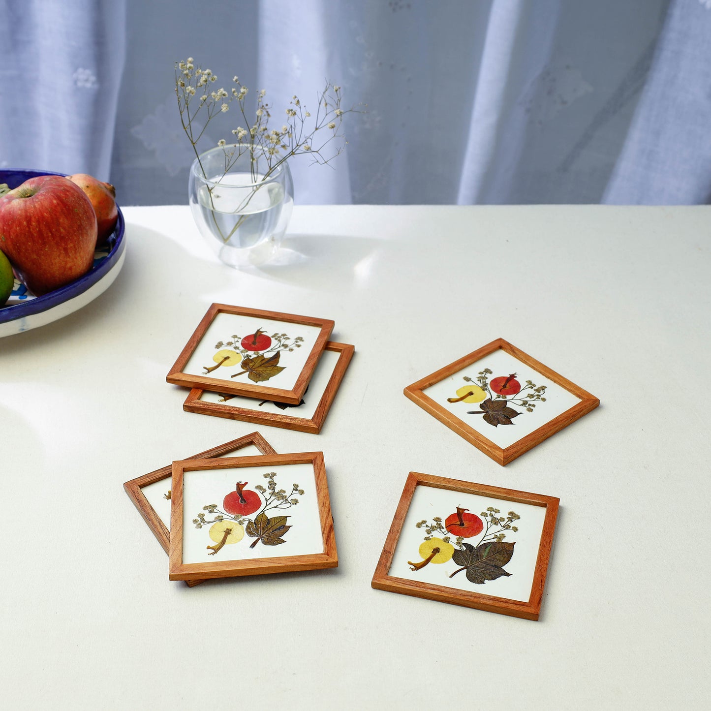 Flower Art Work Wooden Square Coasters (Set of 6)