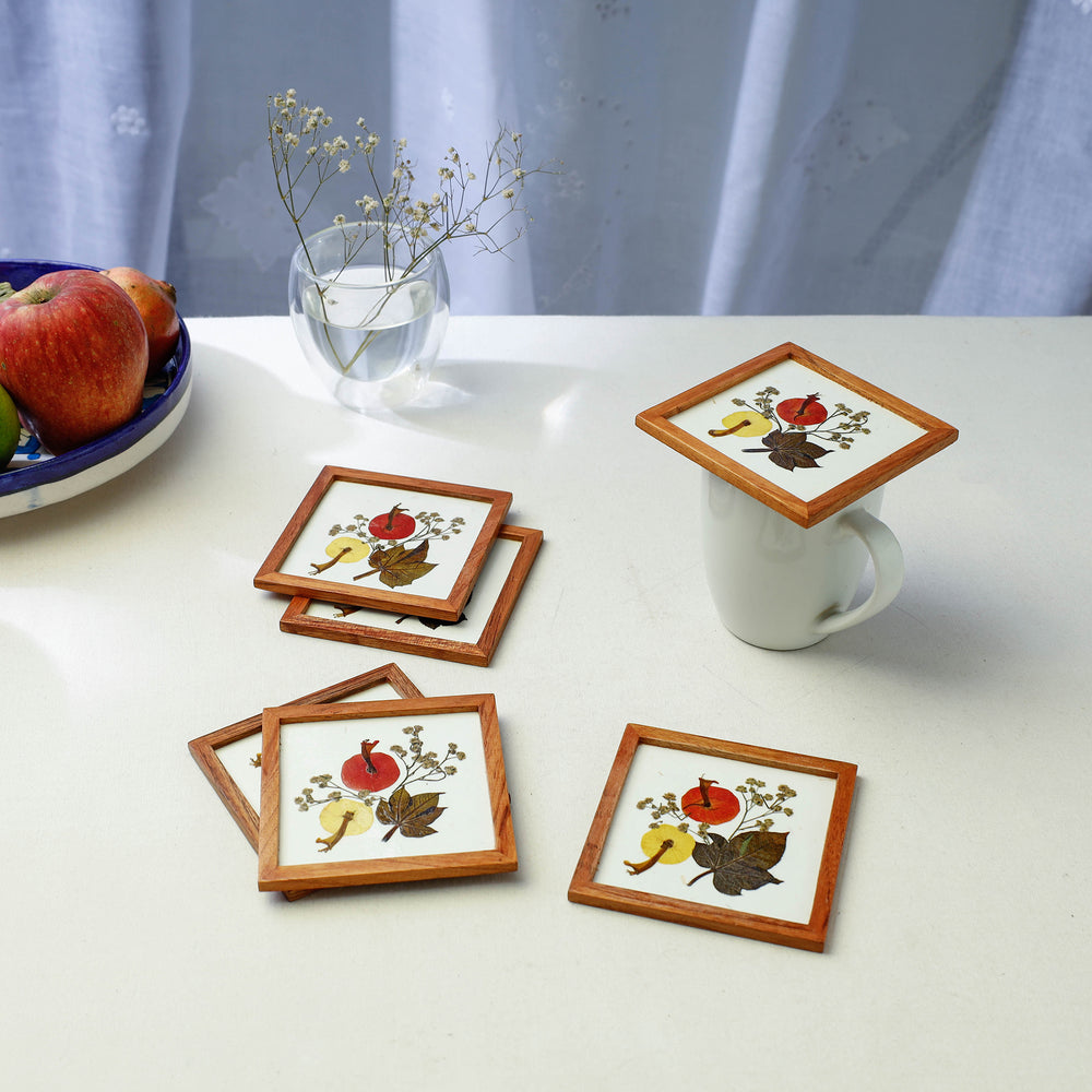 Flower Art Work Wooden Square Coasters (Set of 6)