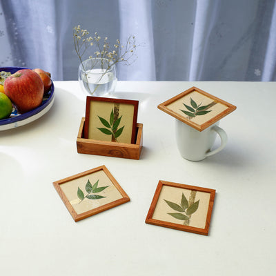 Bamboo Art Work Wooden Square Coasters (Set of 4)