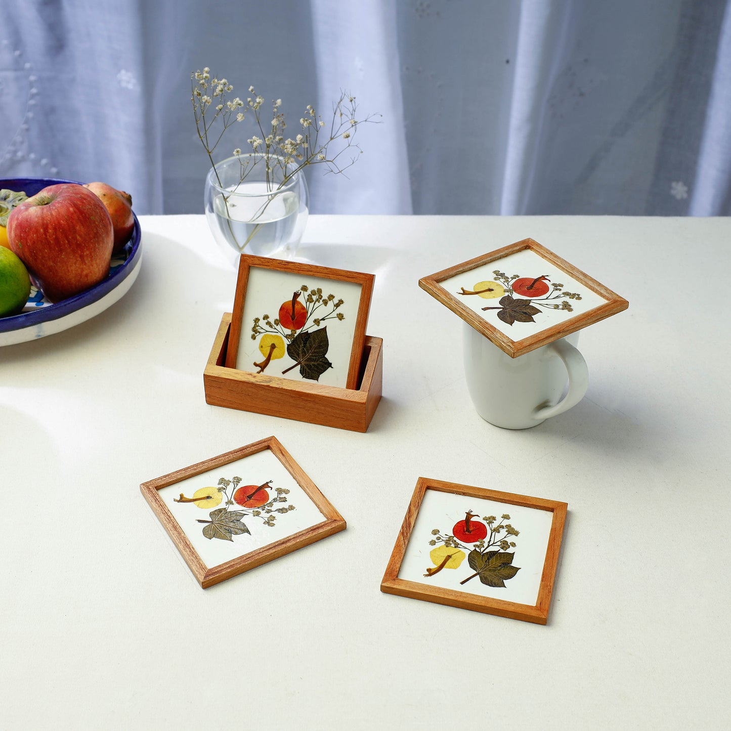 Flower Art Work Wooden Square Coasters (Set of 4)