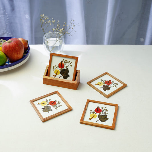 Flower Art Work Wooden Square Coasters (Set of 4)