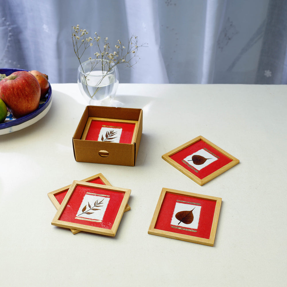 Sacred Leaves Art Work Wooden Square Coasters (Set of 6)