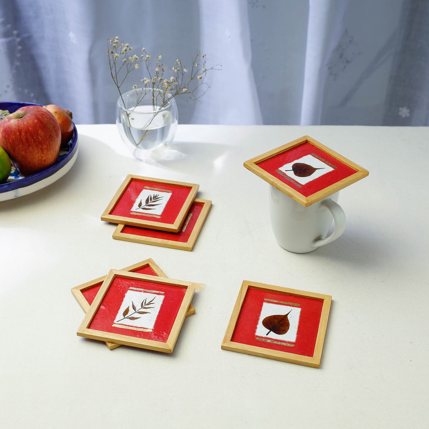 Sacred Leaves Art Work Wooden Square Coasters (Set of 6)