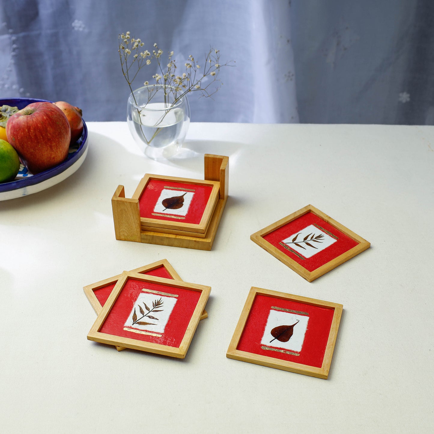 Sacred Leaves Art Work Wooden Square Coasters (Set of 6)