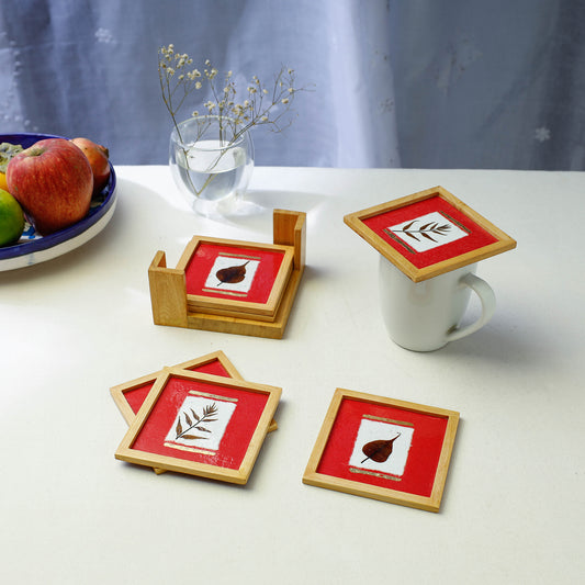 Sacred Leaves Art Work Wooden Square Coasters (Set of 6)