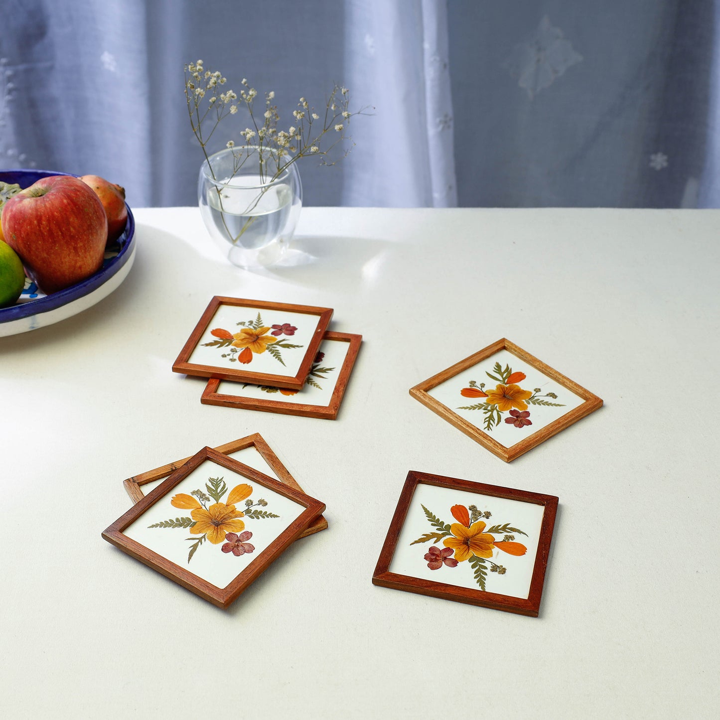 Flower Art Work Wooden Square Coasters (Set of 6)