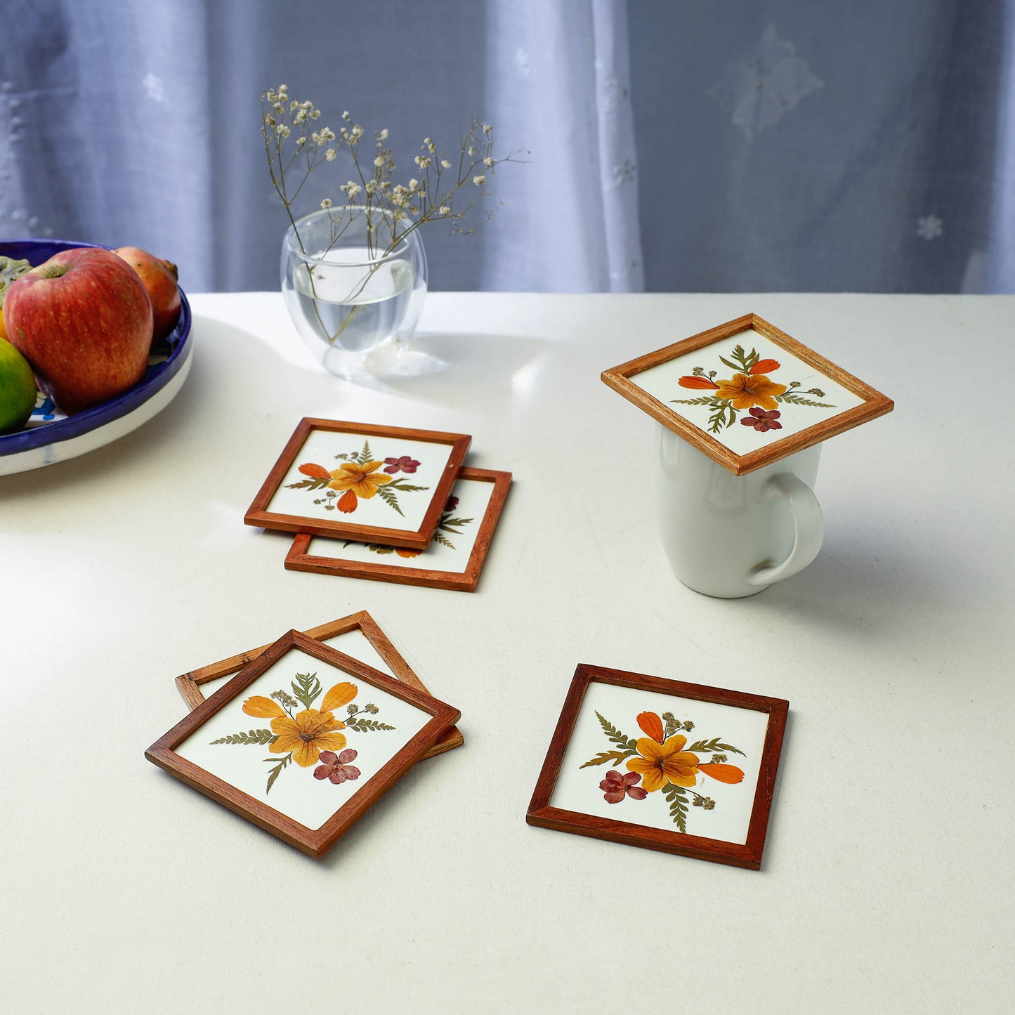 Flower Art Work Wooden Square Coasters (Set of 6)