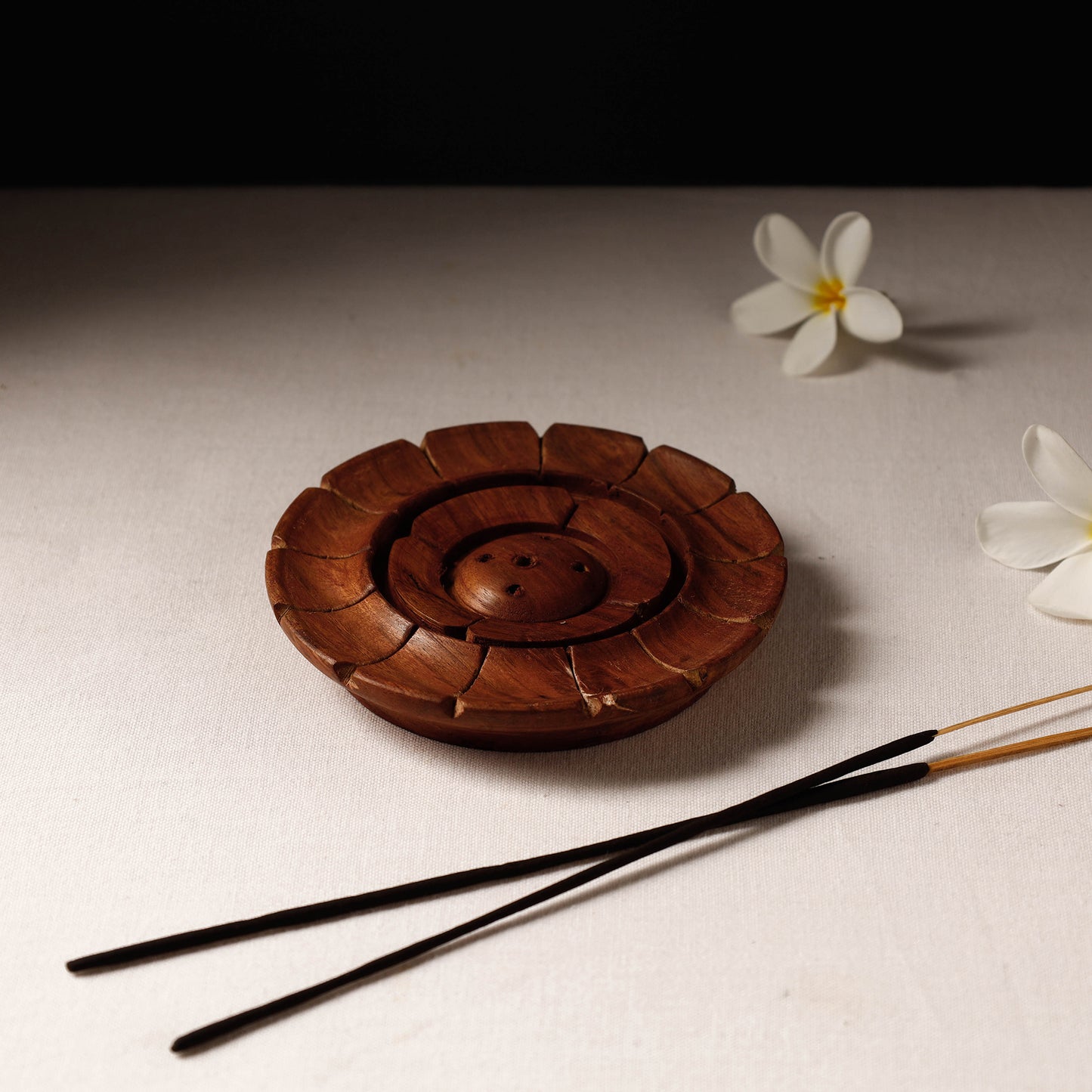 Lotus - Hand Carved Teak Wooden Incense Stick Stand (4 X 4 In)
