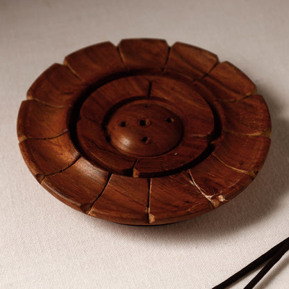 Lotus - Hand Carved Teak Wooden Incense Stick Stand (4 X 4 In)