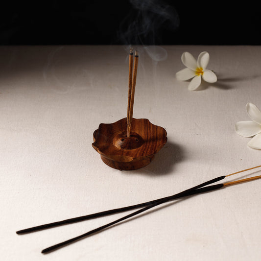 Flower - Hand Carved Teak Wooden Incense Stick Stand (2 X 2 In)