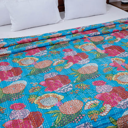 Blue - Tagai Work Jaipur Hand Block Printed Cotton Double Bed Cover (108 x 90 in)