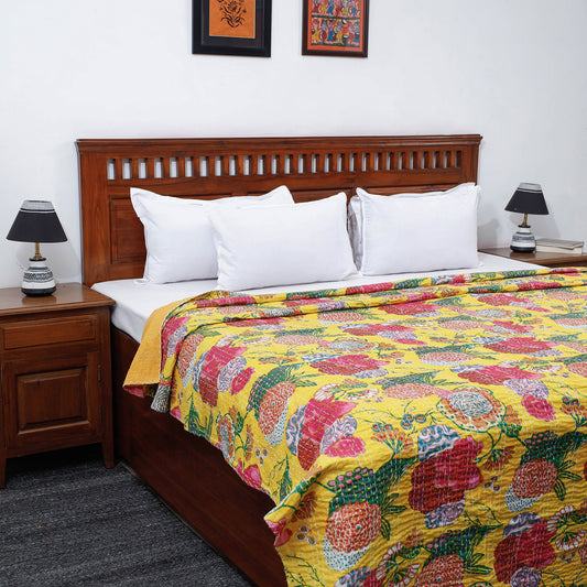 Yellow - Tagai Work Jaipur Hand Block Printed Cotton Double Bed Cover (108 x 90 in)