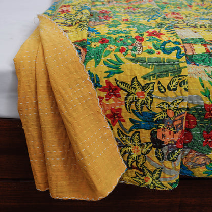 Yellow - Tagai Work Jaipur Hand Block Printed Cotton Double Bed Cover (108 x 90 in)