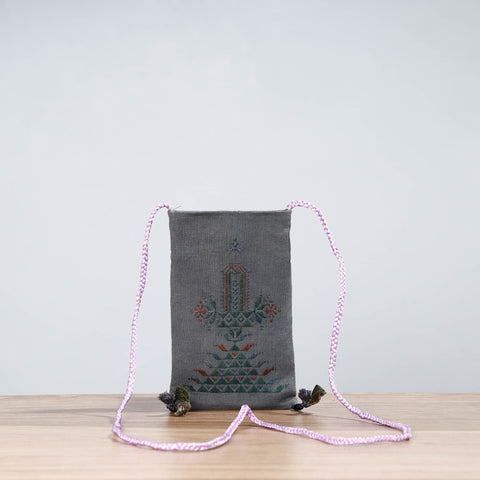 Grey Soof Hand Embroidery Sling Mobile Pouch 