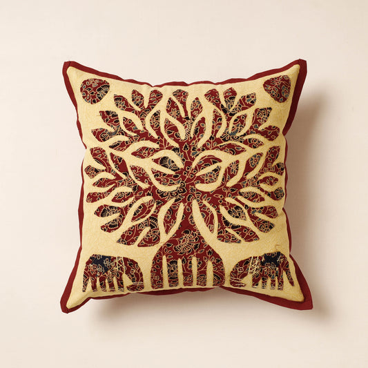 Maroon - Jogi Embroidery Patchwork Cotton Cushion Cover (16 x 16 in)