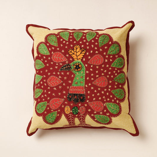 Red - Jogi Embroidery Patchwork Cotton Cushion Cover (16 x 16 in)