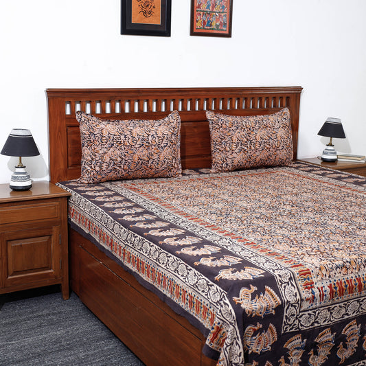 Brown - Kalamkari Block Printed Cotton Double Bed Cover with Pillow Covers (108 x 90 in)