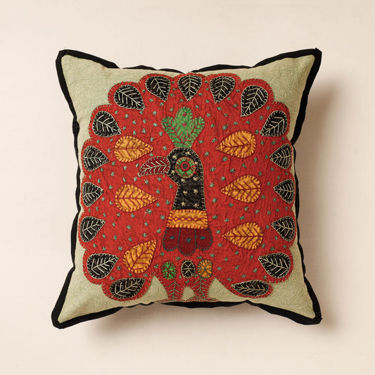 Orange - Jogi Embroidery Patchwork Cotton Cushion Cover (16 x 16 in)