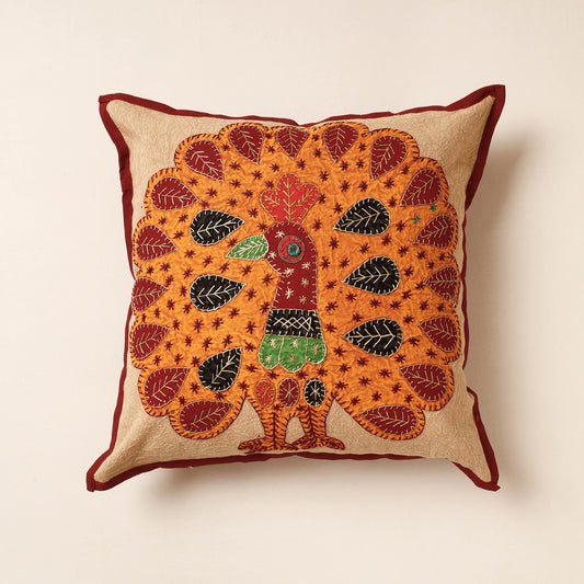 Orange - Jogi Embroidery Patchwork Cotton Cushion Cover (16 x 16 in)