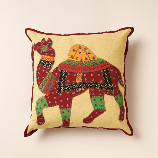 Red - Jogi Embroidery Patchwork Cotton Cushion Cover (16 x 16 in)