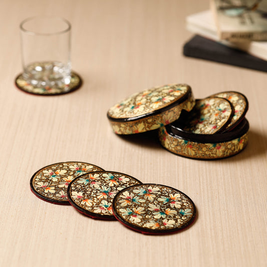 Set of 6 - Kashmiri Handpainted Wooden Coasters with Holder