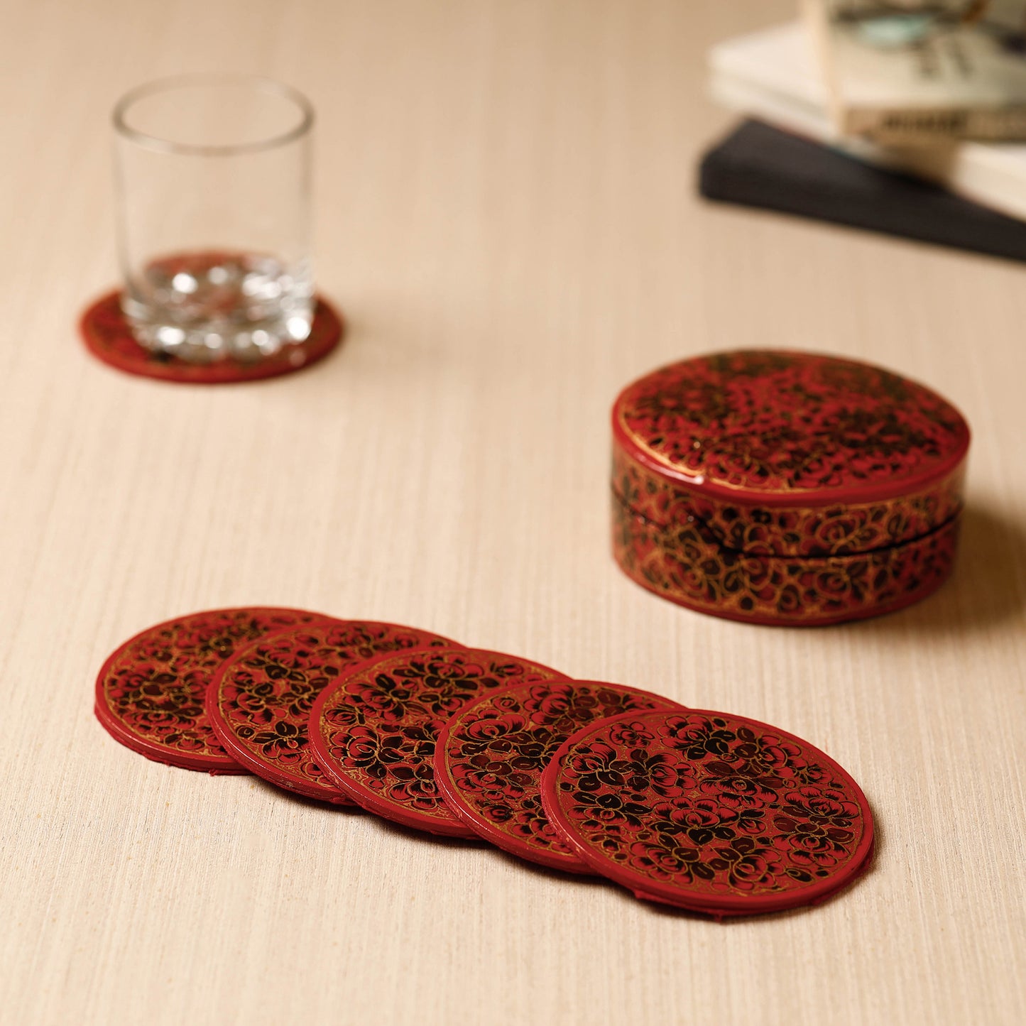 Set of 6 - Kashmiri Handpainted Wooden Coasters with Holder