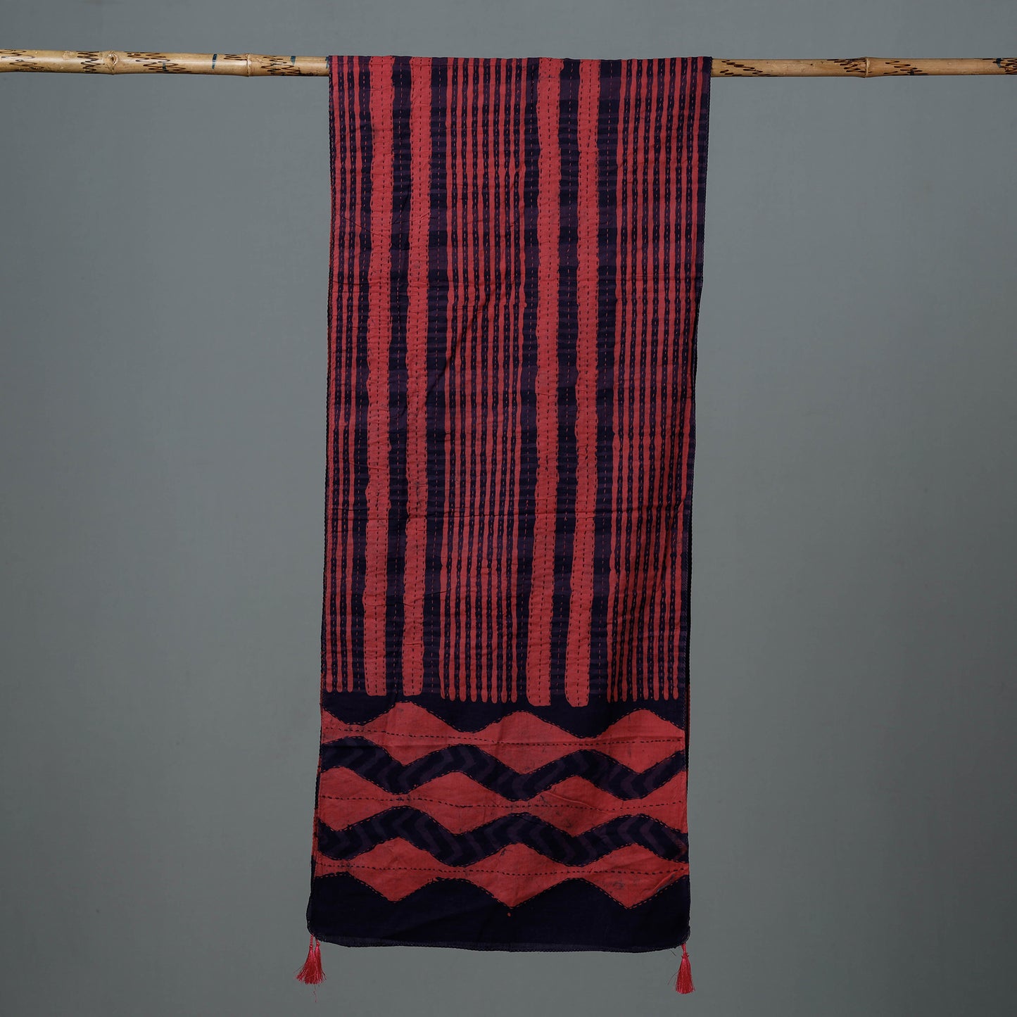Pink - Bagru Block Printed Tagai Work Cotton Stole with Tassels