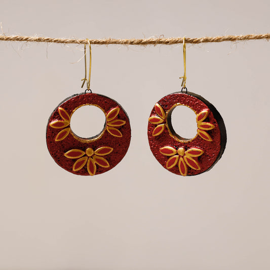 Bishnupur Handpainted Crescent Terracotta Earrings with Flower Motif