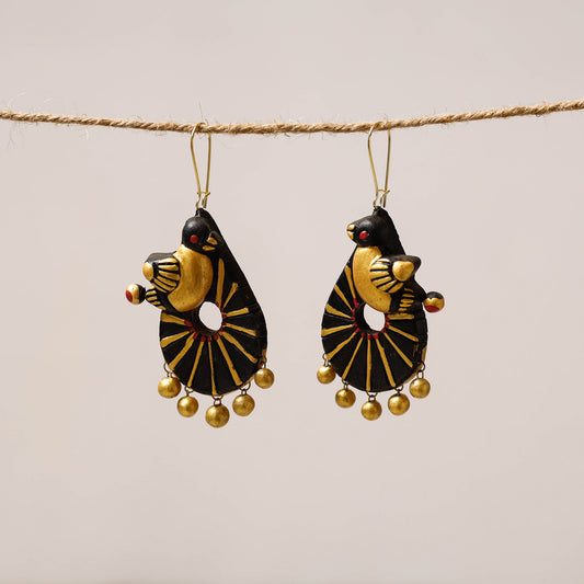 Bishnupur Handpainted Drop Shape Terracotta Earrings with Bird Motif