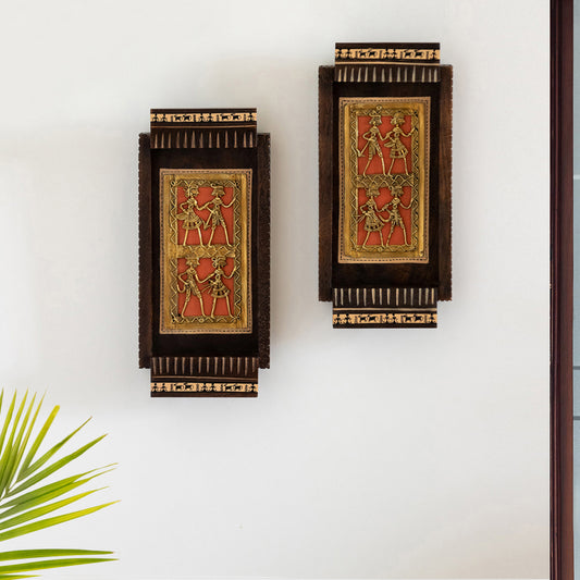 'Tribal Dhokra Art' Handcrafted Wall Décor Hanging In Mango Wood (Set Of 2, 10.9 Inch, Hand-Painted)