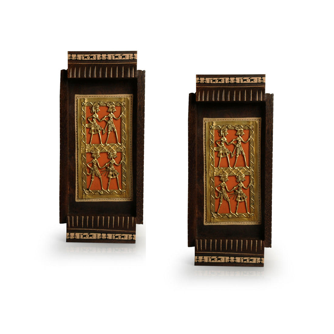 'Tribal Dhokra Art' Handcrafted Wall Décor Hanging In Mango Wood (Set Of 2, 10.9 Inch, Hand-Painted)