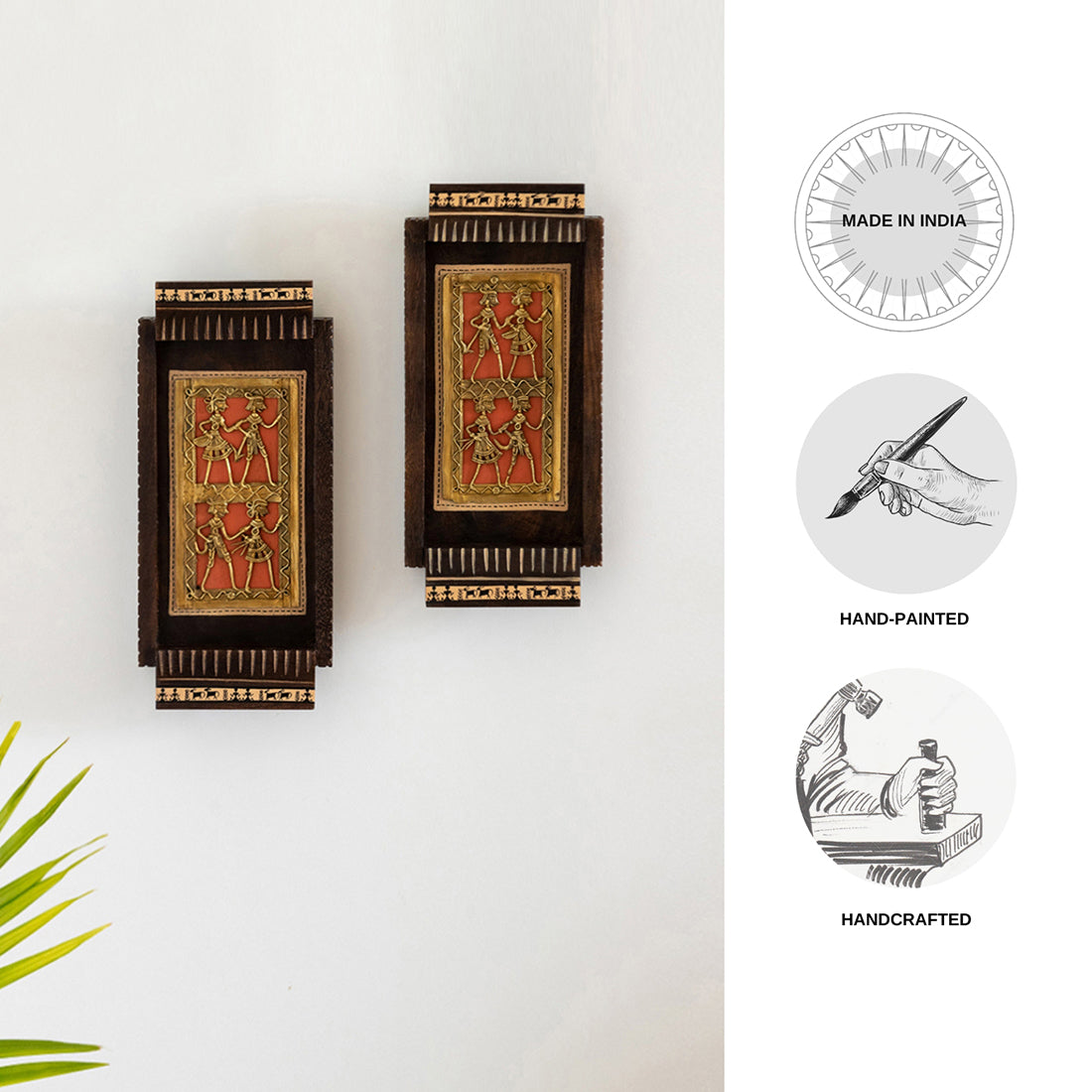 'Tribal Dhokra Art' Handcrafted Wall Décor Hanging In Mango Wood (Set Of 2, 10.9 Inch, Hand-Painted)