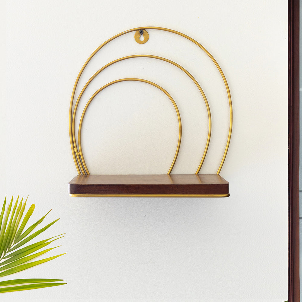 Halo Floating' Wall Shelf In Iron & Mango Wood (11.6 Inch, Golden, Handcrafted)