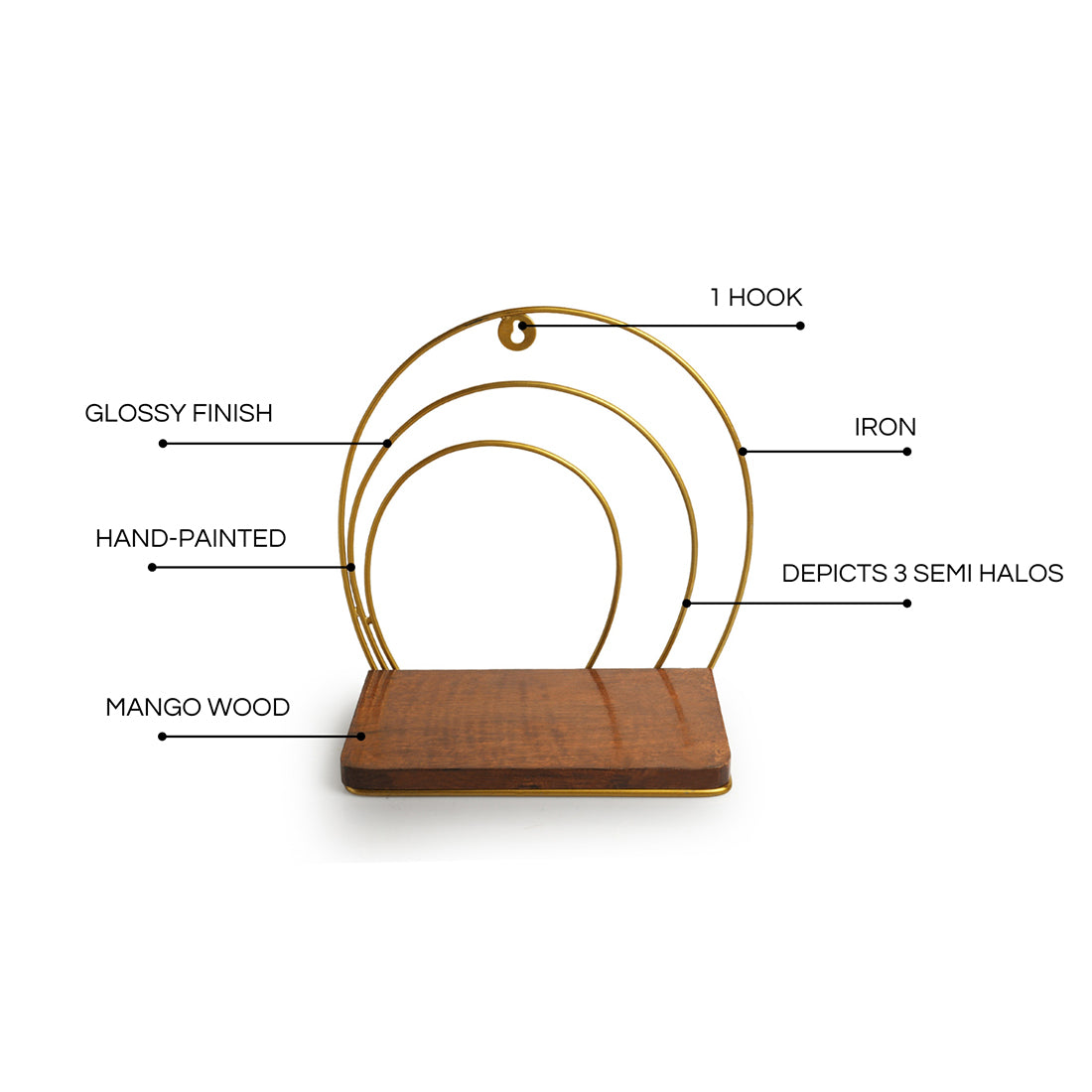 Halo Floating' Wall Shelf In Iron & Mango Wood (11.6 Inch, Golden, Handcrafted)