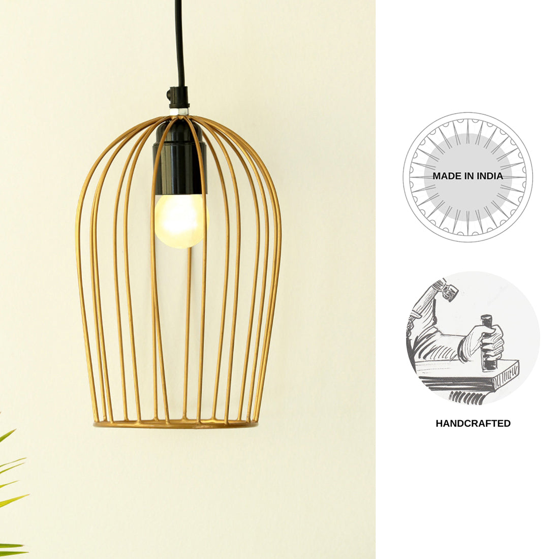 Modern Bird Cage' Handcrafted Hanging Pendant Lamp Shade In Iron (7.6 Inch, Conical, Golden)