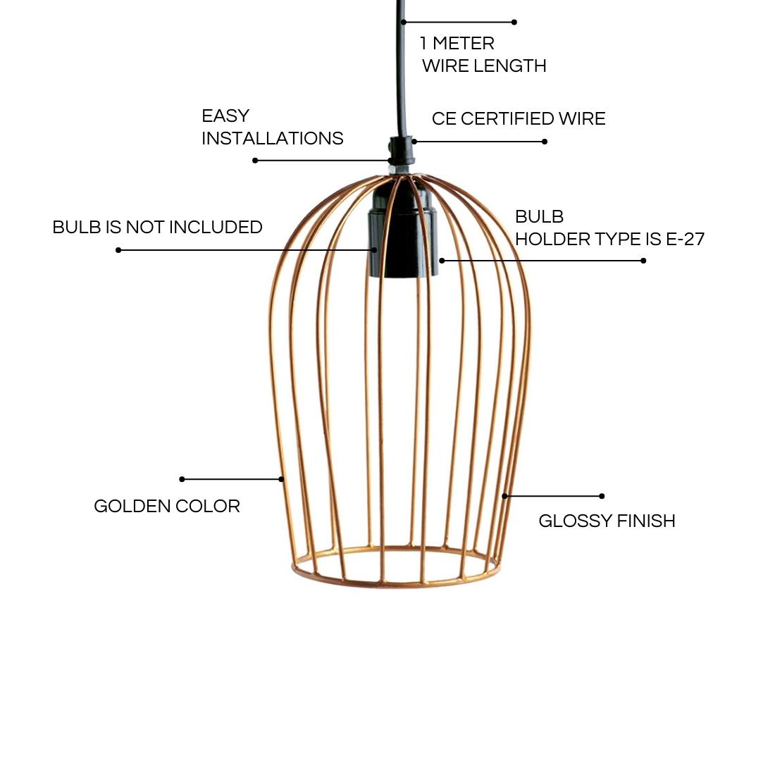 Modern Bird Cage' Handcrafted Hanging Pendant Lamp Shade In Iron (7.6 Inch, Conical, Golden)