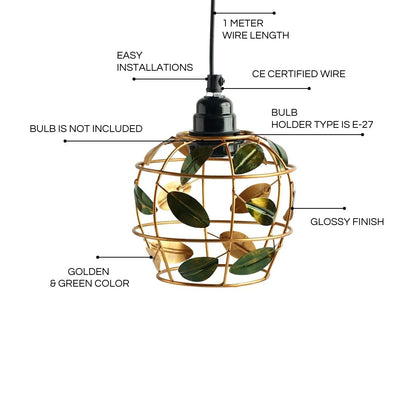 'Lush Foliage' Handcrafted Hanging Pendant Lamp Shade In Iron (7.4 Inch, Spherical, Golden)