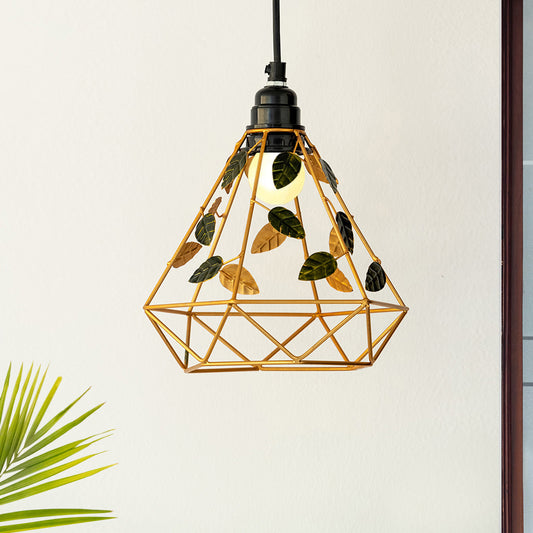 'Lush Foliage' Handcrafted Hanging Pendant Lamp Shade In Iron (9.6 Inch, Conical, Golden)