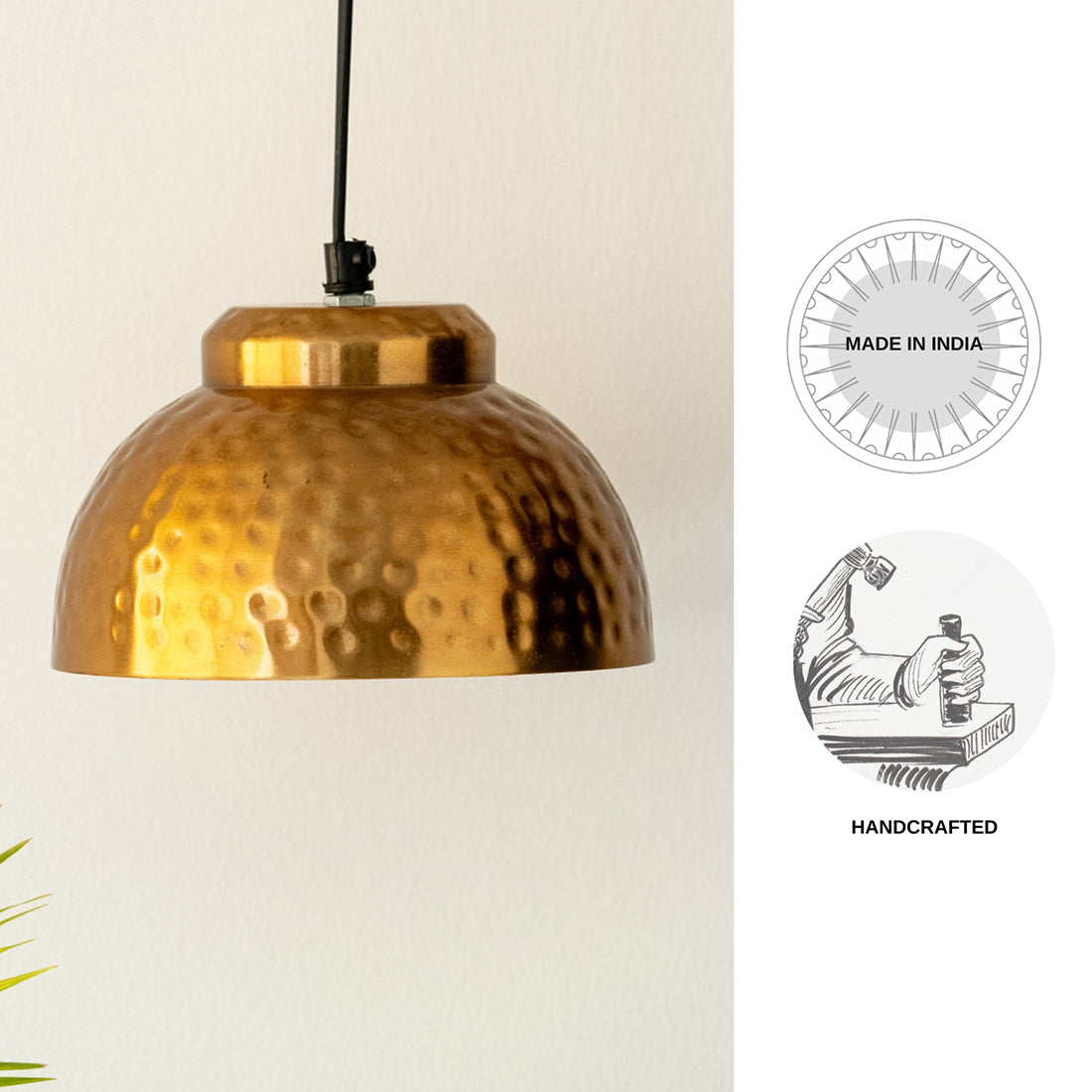 Modern Hammered Dome' Handcrafted Hanging Pendant Lamp Shade In Iron (7.1 Inch, Semi-Spherical, Golden)